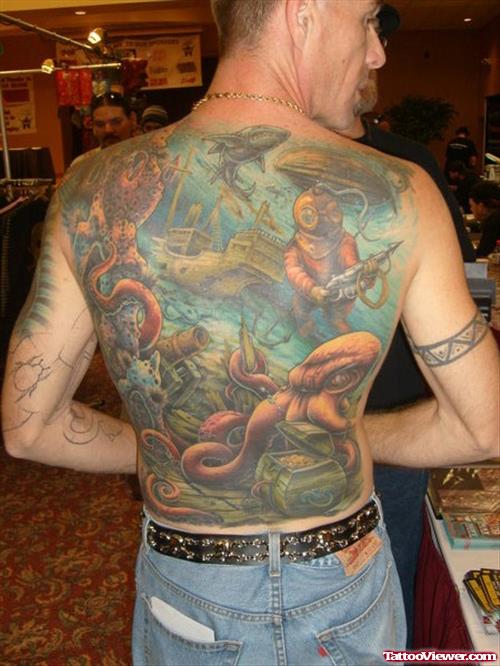 Underwater Sea Creatures Extreme Tattoo On Back