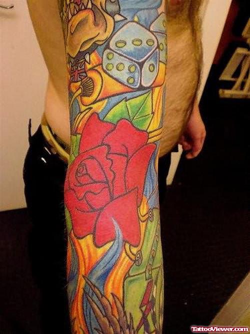 Red Rose And Dice Extreme Sleeve Tattoo