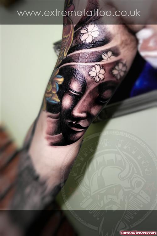 Grey Ink Buddha And Flowers Tattoo On Half Sleeve