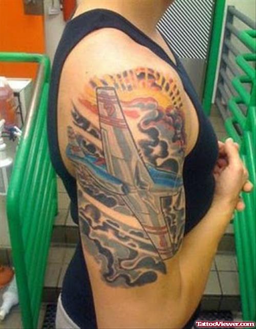 Extreme Airplane In Clouds Tattoo On Half Sleeve