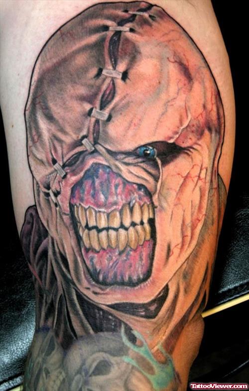 Extreme Zombnie Face Tattoo On Shoulder