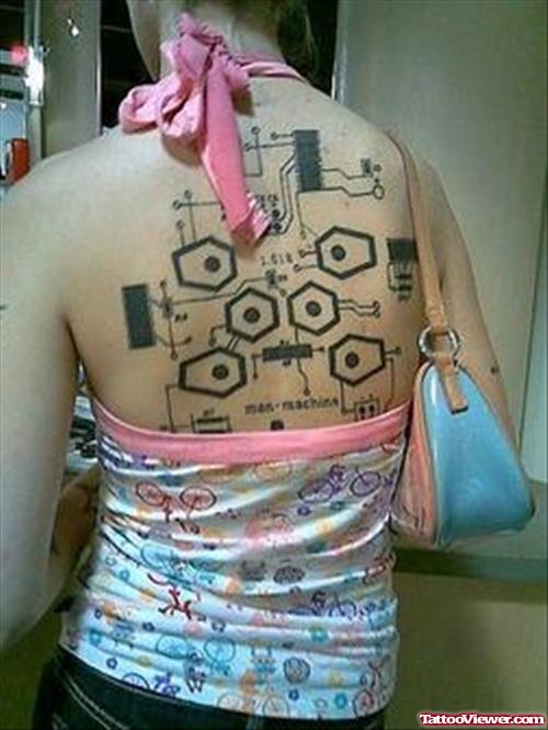 Extreme Circuit Tattoo On Girl Back Body