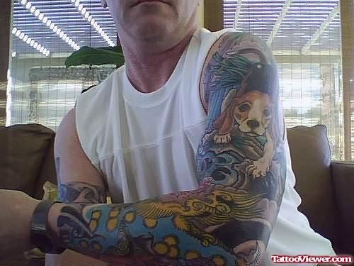 Colored Foo Dog And Dog Extreme Sleeve Tattoo