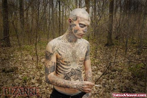 Extreme Skeleton Tattoo On Face and Body