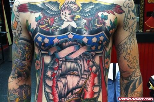 Extreme Eagle And Ship Tattoo On Body