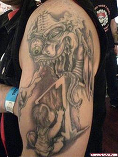 Extreme Demon Tattoo On Man Left Half Sleeve