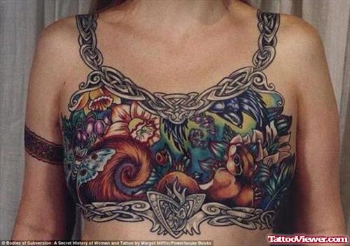 Celtic And Extreme Flowers Tattoo On Chest