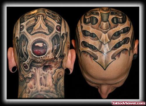 Extreme Biomechanical Tattoo On Man Head