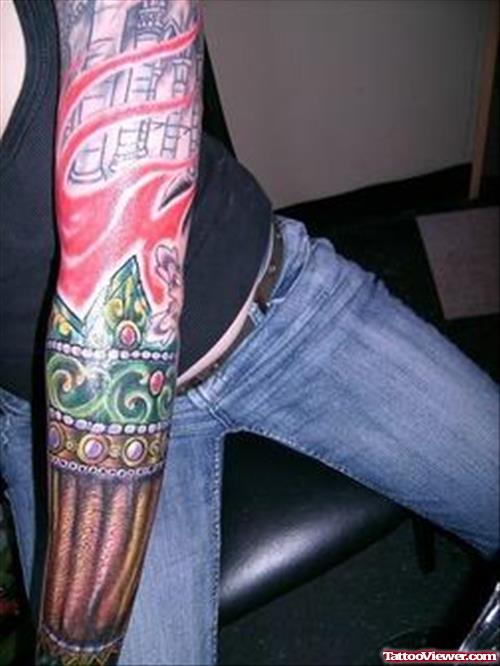 Colored Left Sleeve Tattoo For Men