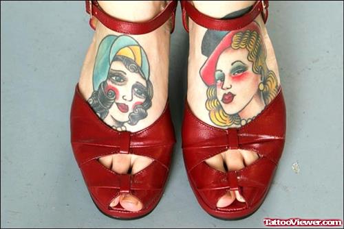 Extreme Girl Heads Tattoos On Both Feets