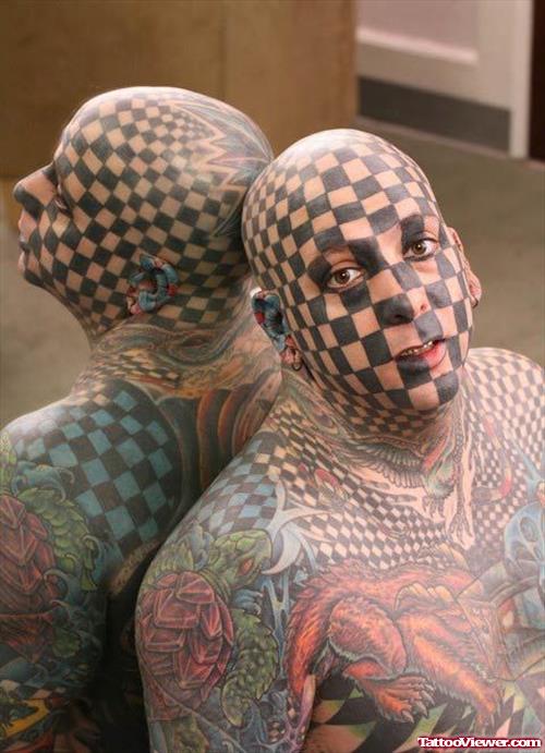Extreme Chess Tattoo On Face And Colored Body Tattoo