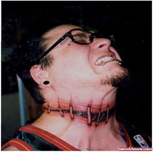 Extreme Stiches Tattoo On Neck