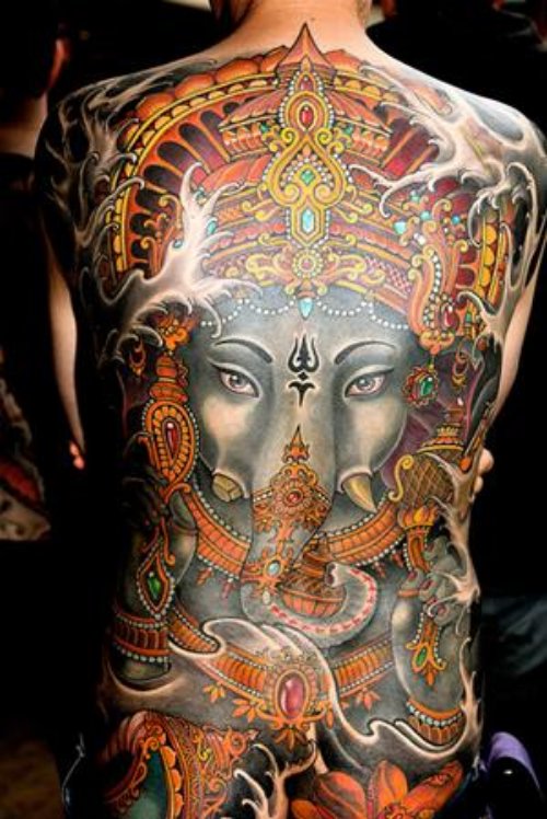 Extreme Colored Ganesha Tattoo On Back