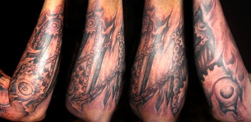 Grey Ink Extreme Chain And Gear Ripped Skin Tattoo