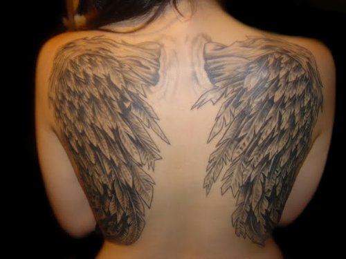 Grey Ink Angel Wings Extreme Tattoo On Back