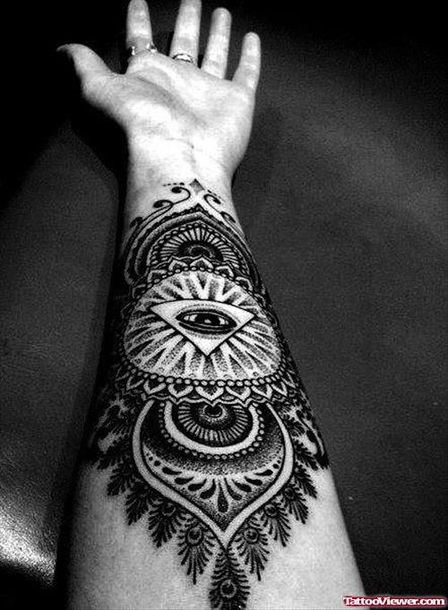 Eye and Henna Tattoo On Left Forearm