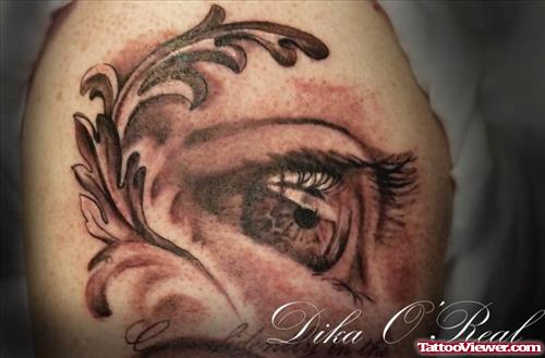 Grey Ink Eye Tattoo On Shoulder