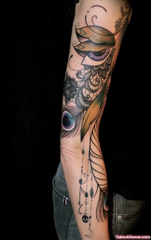 Peacock Feather And Eye Tattoos On Sleeve
