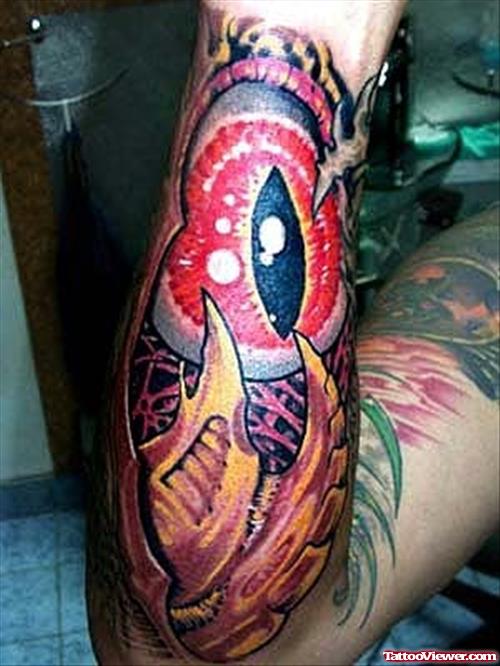 Colored Biomechanical Eye Tattoo On Right Sleeve