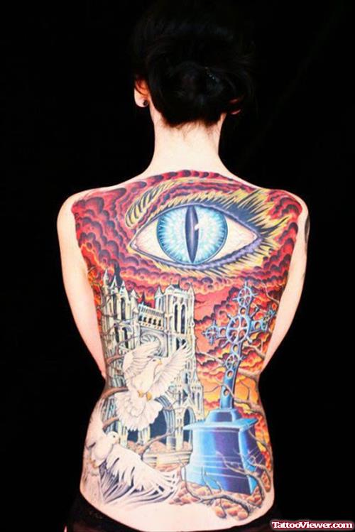 Realistic Colored Eye Tattoo On Back