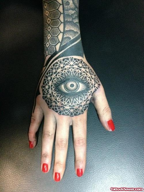 Grey Ink Eye Tattoo On Girl Right Hand