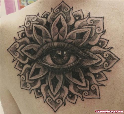 Grey Ink Mandala Flower Eye Tattoo on Back Shoulder