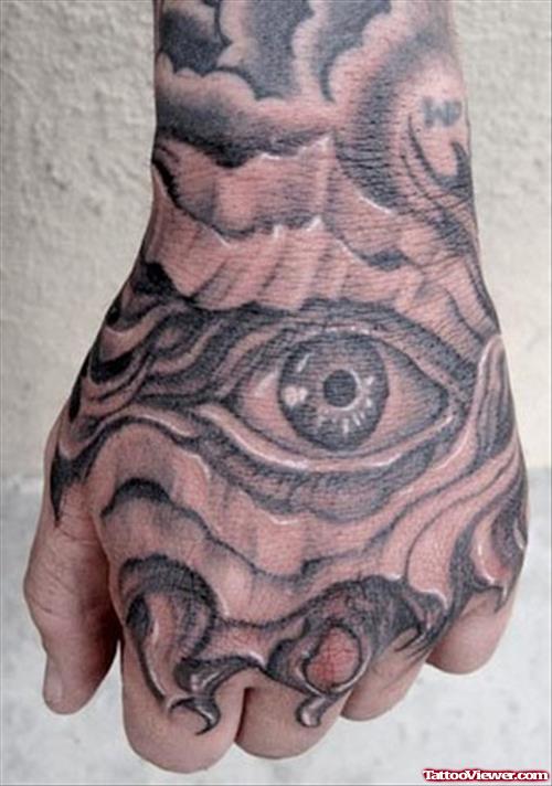 Grey Ink Eye Tattoos On Left Hand
