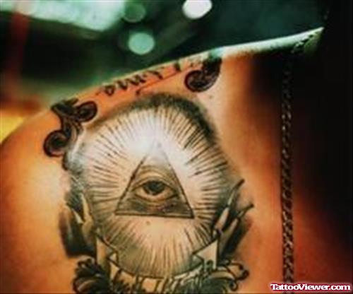 Grey Ink Eye Of God Tattoo On Collarbone