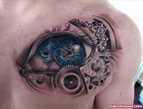 Biomechanical Eye Tattoos On Man Chest