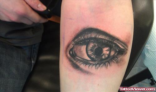Awesome Black Ink Eye Tattoo On Sleeve