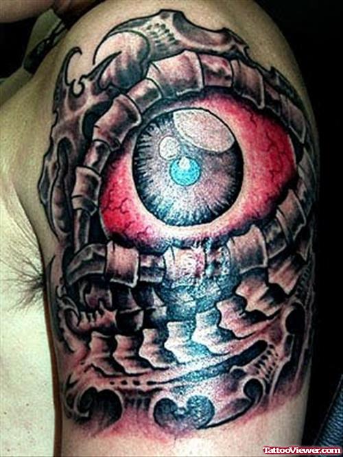 Amazing Grey Ink Biomechanical Eye Tattoo On Shoulder
