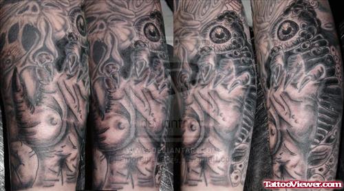 Grey Ink Eye Tattoos On Sleeve