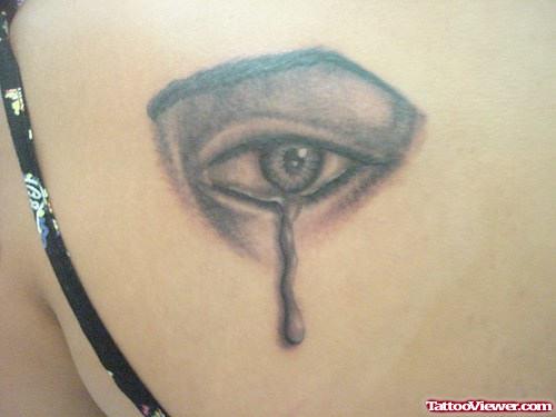 Grey Ink Crying Eye Tattoo On Back Shoulder