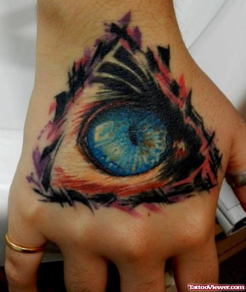 Awesome Colored Eye Of God Tattoo On Right Hand