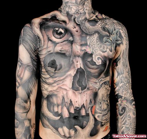 Awesome Grey Ink Skull Eyes Tattoos On Body