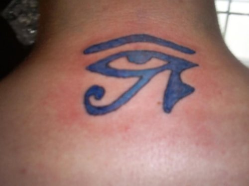 Blue Egyptian Eye Tattoo On Upperback