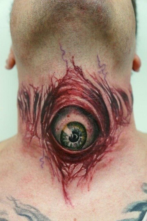 Ripped Skin Evil Eye Tattoo On Throat