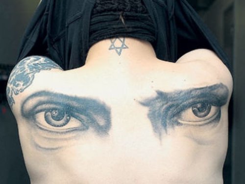 Grey Ink Eye Tattoos On Back