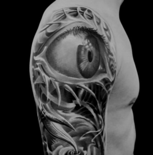 Grey Ink 3D Eye Tattoo On Man Right Sleeve