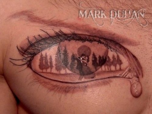 Trees In Eye Tattoo On Man Chest