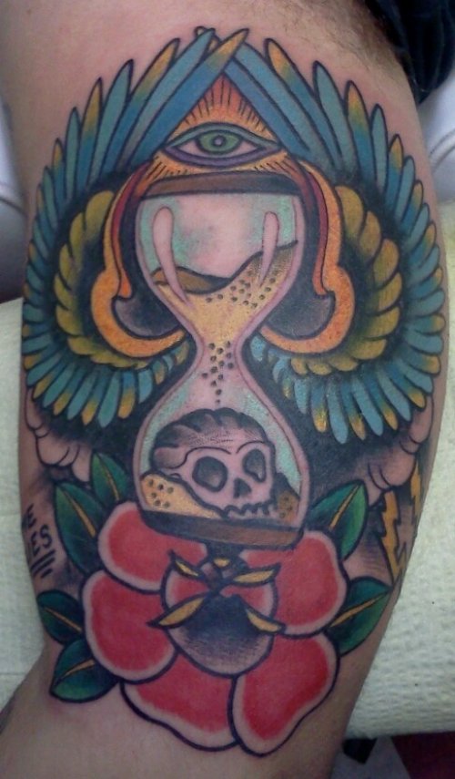 Winged Hourglass And Eye Tattoo