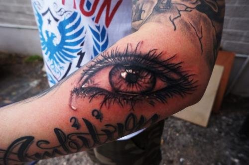 Awesome 3D Eye Tattoo On Man Left Sleeve