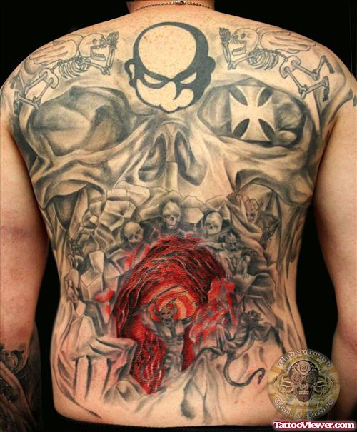 Skull And Skeleton With Scary Face Tattoo On Back
