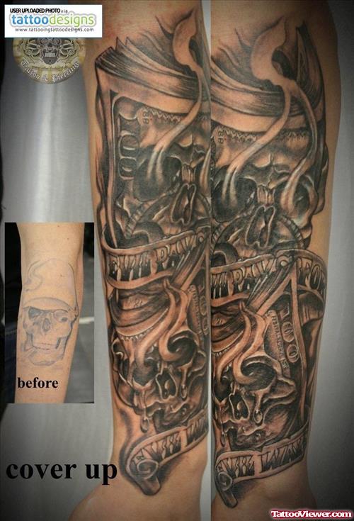 Grey Ink Horror Face Skulls Tattoo