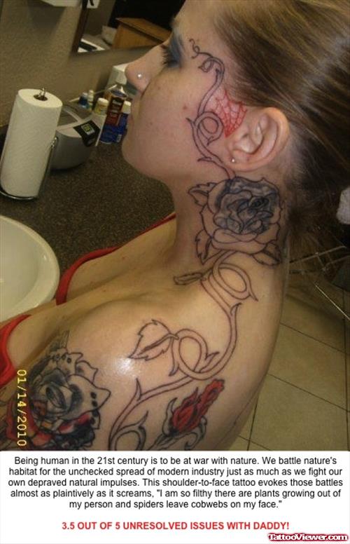 Rose Flower And Tribal And Spider Web Face Tattoo
