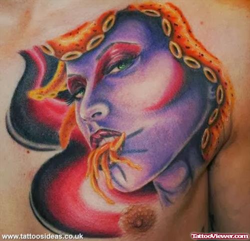 Purple Girl Face Tattoo On Chest