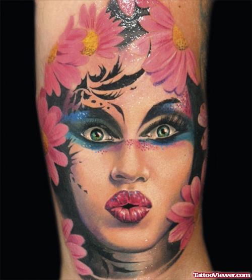 Pink Flowers And Girl Head Face Tattoo
