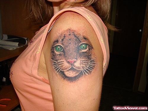 Grey Ink Cat Face Tattoo On Left Shoulder