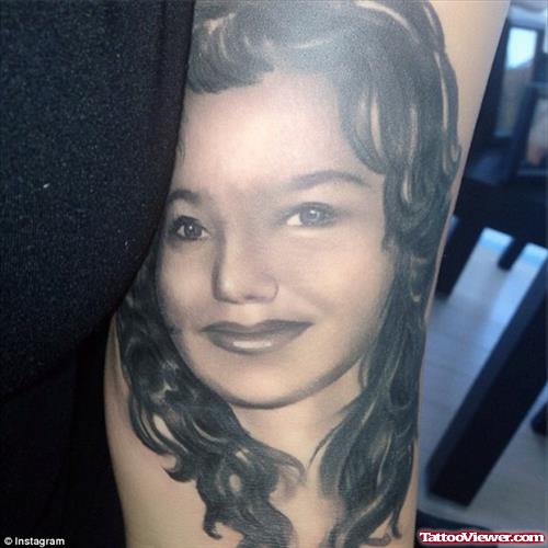 Grey Ink Girl Head Face Tattoo