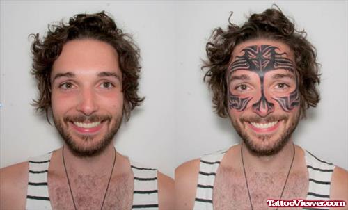 Cool Black Ink Tribal Face Tattoo For Men